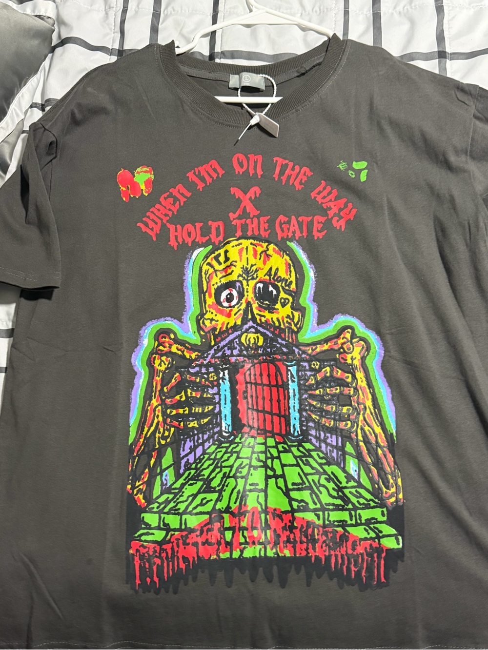 Graphic Skull Gate T-Shirt - Black with Neon Print
